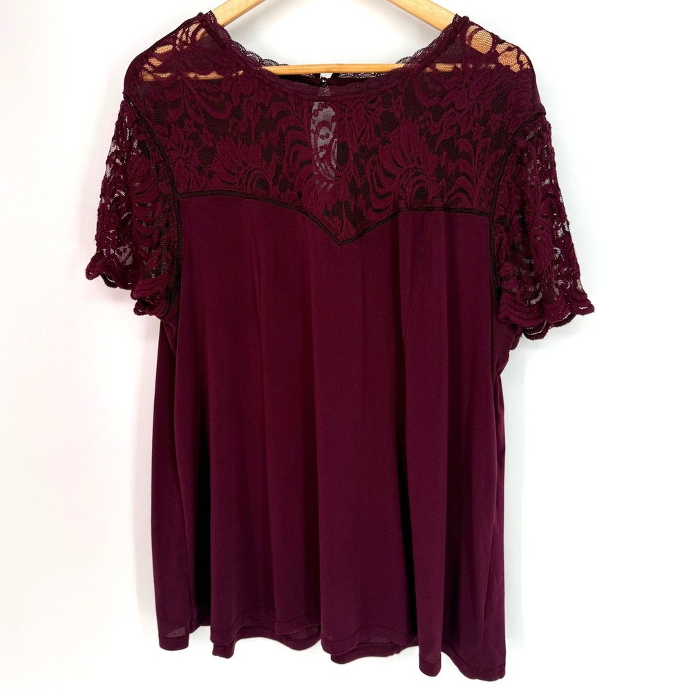 Torrid Womens Plus Size 2 Plum Burgundy Lace Yoke Short Sleeve Blouse 11744019